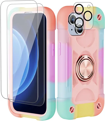 Vista 103 de Funda para iPhone 11 de 6.1 pulgadas con soporte de anillo, con 2 protectores de pantalla de vidrio, resistente a los golpes, resistente a