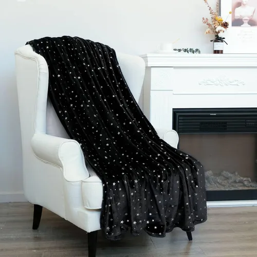 Vista 15 de NANPIPER Manta de forro polar con estampado de estrellas, manta mullida de franela súper suave, 50 x 65 pulgadas, color negro