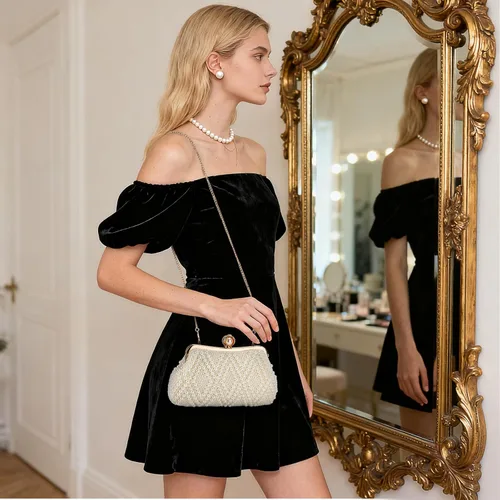 Vista 2 de UBORSE Bolso de mano de perlas para mujer, bolso de noche con cuentas de cristal noble para boda, con cadena de perlas