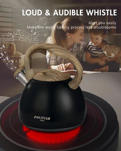 Vista 3 de POLIVIAR - Hervidor de té para estufa negro Ti, hervidor de té silbante de 2.7 cuartos de galón, tetera de acero inoxidable de grado alimenticio