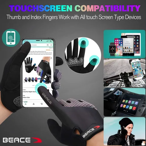 Vista 4 de BEACE Guantes de ciclismo, guantes de ciclismo para mujer (brillo nocturno colorido) con pantalla táctil, guantes de entrenamiento de dedo completo