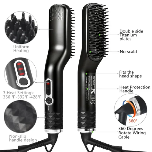 Vista 7 de Alisador de barba para hombres, cepillo térmico de alta calidad con función antiquemaduras, peine alisador de barba, regalo único para el día