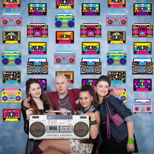 Vista 7 de Guirnalda de cinta de casete y caja de pluma, 6 unidades de decoraciones de fiesta de los años 80, cinta de casete de radio retro, guirnalda