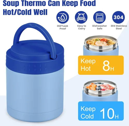 Vista 3 de HWONMTE Termo de sopa de 10.5 onzas para comida caliente, para niños y adultos, tarro de alimentos aislado con asa ancho de boca, recipientes de Azul