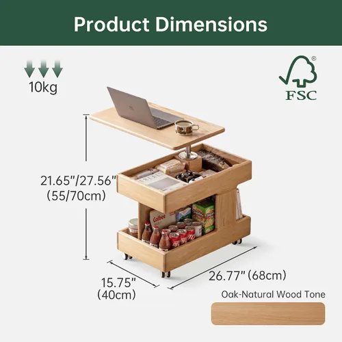 Vista 2 de Mesa de Centro de Madera Maciza 100% con Tapa Elevable y Almacenamiento, Mesita de Noche Pequeña con Ruedas y Escritorio Giratorio de 360°, Mesa