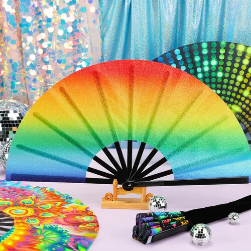 Vista 3 de Blulu 4 abanicos de mano plegables grandes de 13 pulgadas, abanicos gigantes que aplauden para rave, plegables para decoración de fiestas de baile