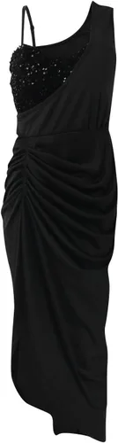 Vista 3 de YUTANRAL Vestidos ajustados de verano 2023 para mujer, sexy, de un hombro, de satén, fruncido, con abertura, para club, cóctel, vestidos formales