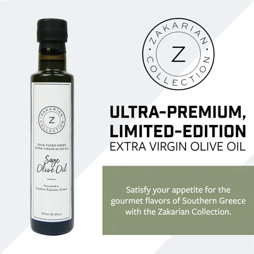 Vista 3 de Zakarian: Aceite de oliva de salvia extra virgen prensado en frío, hecho de aceitunas griegas orgánicas y salvia, 8.5 fl oz, ultra premium, baja