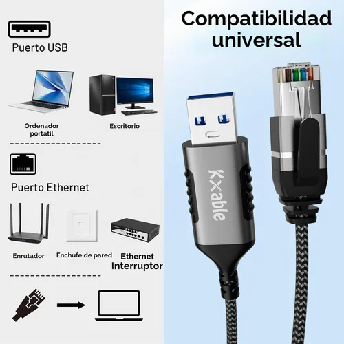 Vista 7 de Kxable Cable USB a Ethernet delgado de 4 pies, cable delgado USB 3.0 A a RJ45, conectado directamente, aluminio, trenzado, OFC, cable de red LAN USB