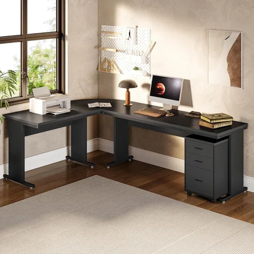 Vista 7 de LITTLE TREE Escritorio ejecutivo grande de 82.67 pulgadas de largo en forma de L para computadora con archivador móvil de 3 cajones, mueble