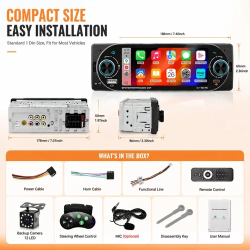 Vista 8 de 5,1" solo Din Bluetooth coche estéreo inalámbrico CarPlay Radio Android Auto