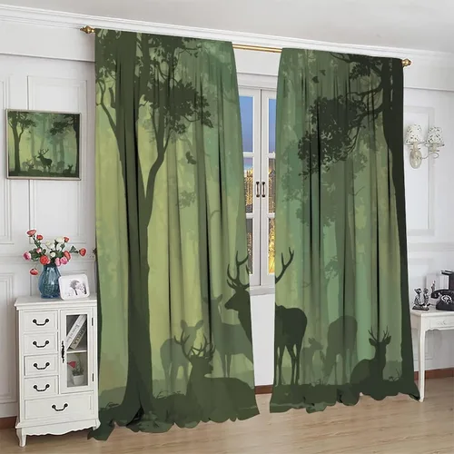 Vista 3 de Cortinas opacas con diseño de ciervos, bosque brumoso, rústico, vida silvestre, alce, montaña, pájaros, pino, bosque, cortinas de ventana