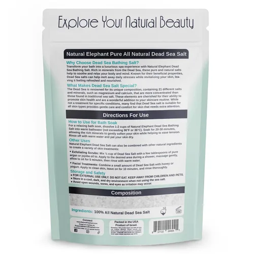 Vista 2 de Natural Elephant Sal de baño del Mar Muerto Bolsa de 1 libra (16 onzas) 100% natural y pura Grano grueso Ideal para baños y remojos