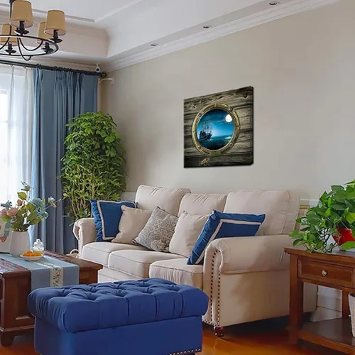 Vista 3 de Biuteawal - Lienzo con vista nocturna de luna llena, vista de ventana del océano, arte de pared, barco de vela, pintura de paisaje marino, obras
