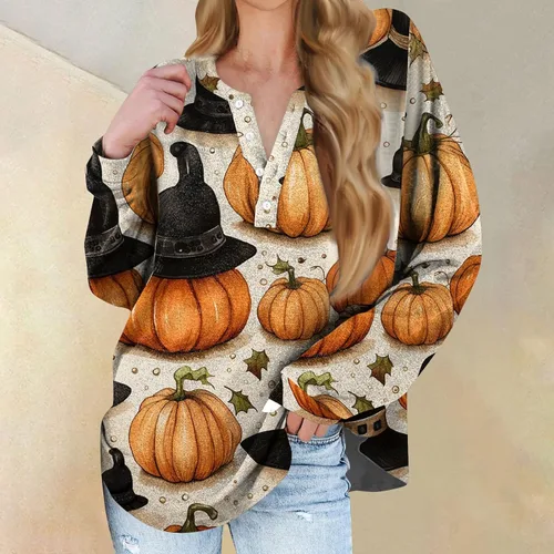 Vista 4 de Camisetas de manga larga para mujer, diseño de botones, blusas con estampado de Halloween, cuello redondo, cómoda camisa casual