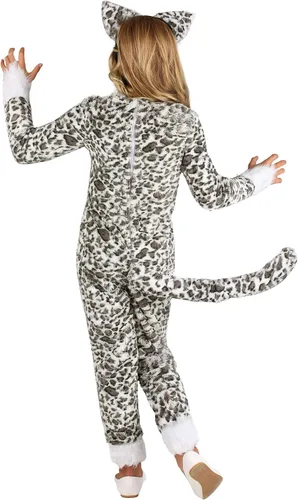 Vista 3 de Kids Spotted Snow Leopard Costume Girls, White Faux Fur Animal Cute Cat Jumpsuit Halloween Outfit