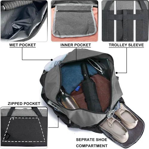 Vista 4 de Bolsas de gimnasio para mujeres y hombres con compartimento para zapatos y artículos húmedos, bolsa de lona plegable de 40 L, bolsa de lona ligera