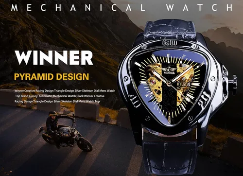 Vista 2 de Winner Fashion - Reloj de pulsera mecánico triangular de carreras, esfera de esqueleto dorado impermeable, movimiento automático, reloj mecánico