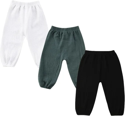Vista 13 de Paquete de 3 pantalones de algodón y lino para bebés, niños y niñas, color liso, ropa básica para bebés