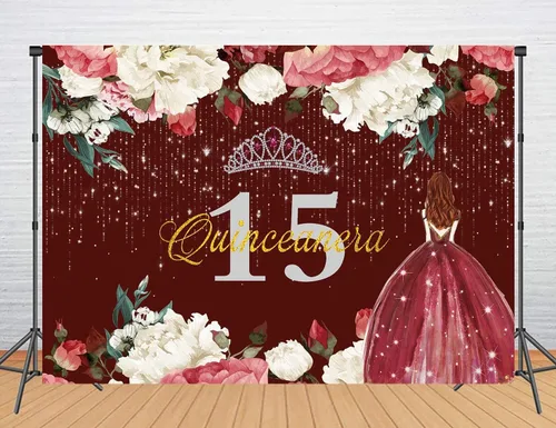 Vista 4 de Telón de fondo de feliz cumpleaños 15 para niña, quinceañera, 5 x 3 pies, corona de flores rojas burdeos, corona, princesa, decoración de fiesta