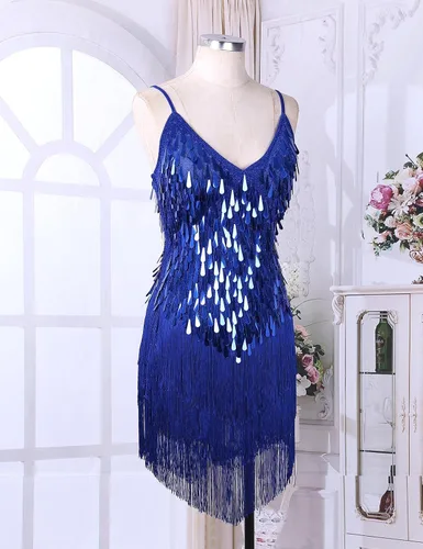Vista 6 de Sywiyi Wonen's - Vestido de baile con flecos y lentejuelas brillantes, tango latino, Samba, con borlas y flecos, vestido de fiesta de noche