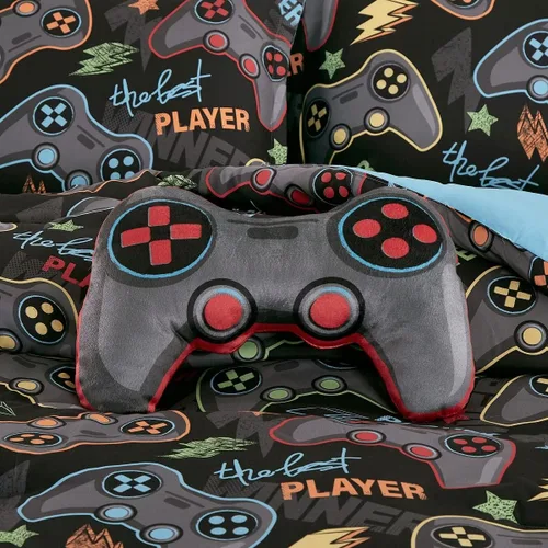 Vista 6 de WPM WORLD PRODUCTS MART Juego de edredón de 4 piezas para jugadores de videojuegos, tamaño individual, color azul y gris, para jugadores