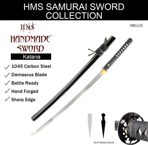 Vista 8 de HMS Espada Katana Samurai Japonesa Finely finished blades in 1045, 1095 or Damascus steel for dojo practice and display; includes protective sword