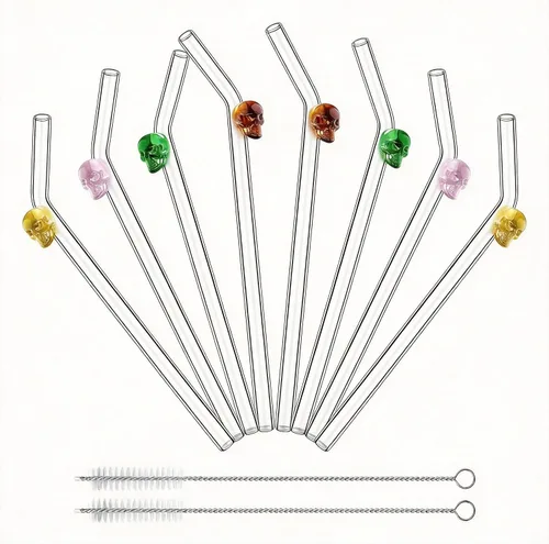 Vista 16 de Pajitas de cristal hechas a mano con dije de murciélago – Pajitas de borosilicato dobladas reutilizables de 9 pulgadas para vasos de 16 oz/20 onzas