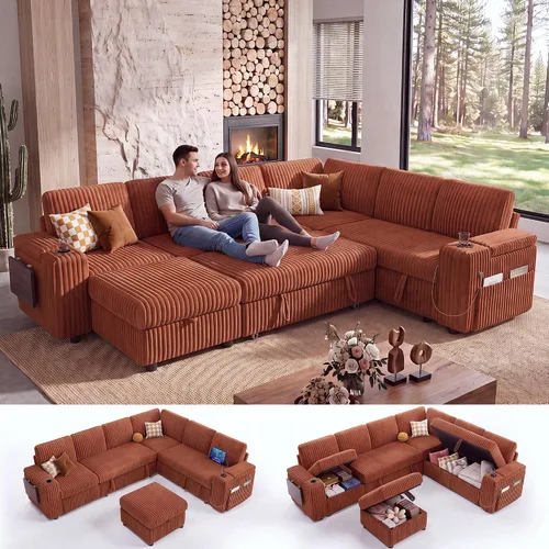 Vista 11 de WEUP Sofá cama modular de 111 pulgadas con cama extraíble, sofá de pana de felpa en forma de L de 7 asientos con diván de almacenamiento, puertos