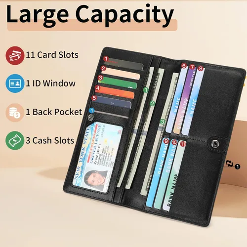 Vista 4 de FALAN MULE Cartera delgada ultrafina para mujer, de cuero plegable, bloqueo RFID, tarjetero de diseño, Negro