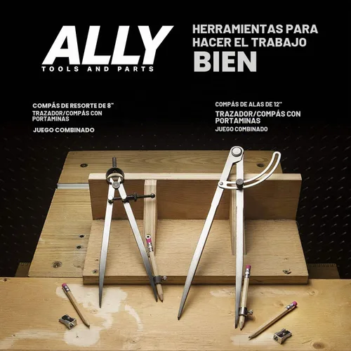 Vista 7 de ALLY Tools - Divisor de resorte de bloqueo de precisión de 8 pulgadas / brújula de carpintería con soporte para lápices, incluye dos lápices