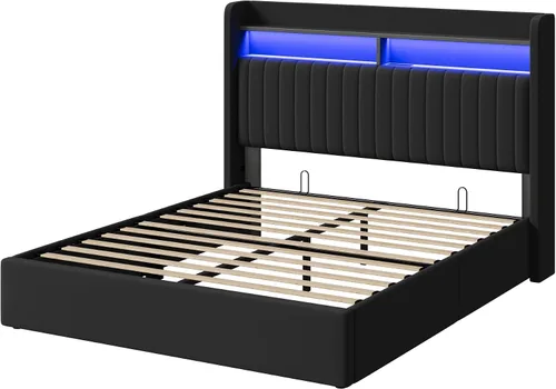 Vista 9 de SHA CERLIN - Estructura de cama de tamaño matrimonial con almacenamiento elevado/Luces LED/Estación de carga/Cabecero con estantes de 2 niveles/USB