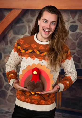 Vista 9 de 3D Turkey Ugly Holiday Sweater for Adults, Thanksgiving Funny Bird Sweater