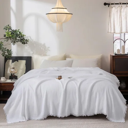 Vista 29 de FOSSA Manta de Muselina con Flecos - Gasa de Algodón 100% de 4 Capas Súper Suave y Transpirable - Manta Decorativa Ligera y Refrescante para Cama
