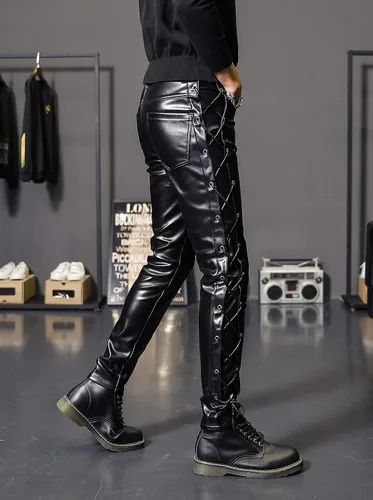 Vista 3 de Idopy Pantalones de piel sintética con cordones para hombre Rock Steampunk