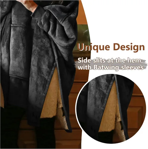 Vista 4 de Sudadera tipo poncho de gran tamaño, capa informal con capucha, abrigo con mangas murciélago, manta velluda, cómoda y espaciosa para adultos, unisex.