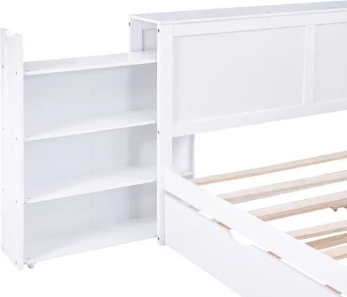 Vista 7 de Cama multifuncional de almacenamiento de tamaño Queen con cama nido de tamaño individual, marco de cama de plataforma de madera con estantes