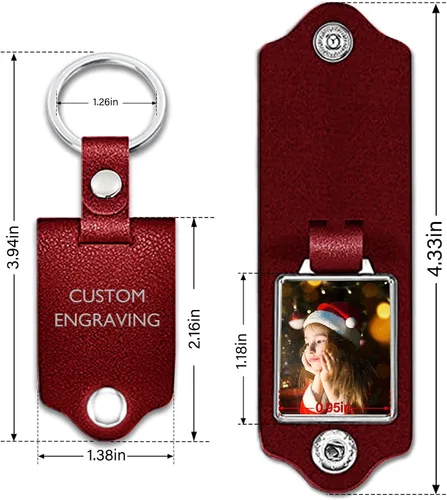 Vista 3 de Llavero personalizado con protección de cuero, llavero de texto personalizable con foto colorida para amantes de la familia, Rojo
