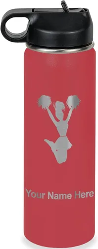 Vista 8 de LaserGram Botella de agua con tapa abatible de doble pared de 12 onzas con pajita, animadora, grabado personalizado incluido (negro)