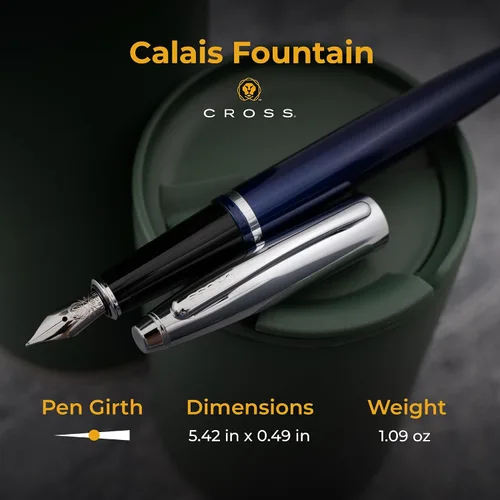 Vista 5 de Cross Calais - Pluma estilográfica de laca azul grabada, borde cromado, diseño Art Deco, grabado en tono latón debajo del clip, regalo