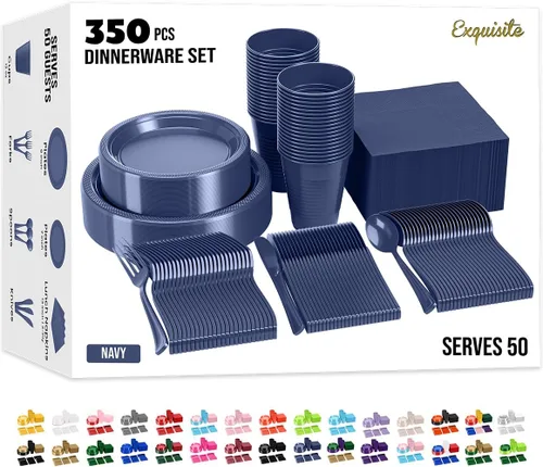 Vista 19 de Exquisite 350 Piezas Platos de Plástico de Cumpleaños Azules Para Fiestas, Juego de Platos Desechables de Cumpleaños Azules, 50 de Cada Juego