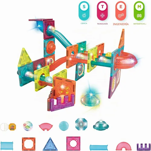 Vista 2 de Contixo Juguetes de construcción STEM – Juego de 65 piezas de azulejos magnéticos de mármol 3D para aprendizaje, apilables, juego de bloques