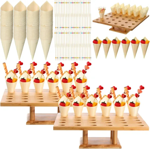 Vista 8 de Rtteri - 150 conos de madera desechables para alimentos con 36 agujeros, soporte de exhibición de cono de helado de bambú y 150 palitos de bambú