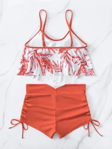 Vista 3 de MakeMeChic Women's Tankini Set Hanky Hem Top Swim Shorts Bikini Set Swimsuit Bathing Suit