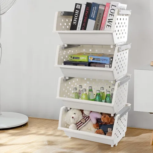 Vista 2 de Bringer Paquete de 4 cestas de almacenamiento apilables de plástico, cesta organizadora apilable de cocina, color blanco Stackable Storage Basket