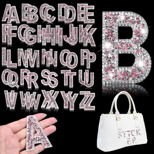 Vista 12 de Yinder 26 piezas de pegatinas de letras con purpurina y diamantes de imitación, diamantes de imitación para planchar, letras autoadhesivas A-Z Negro