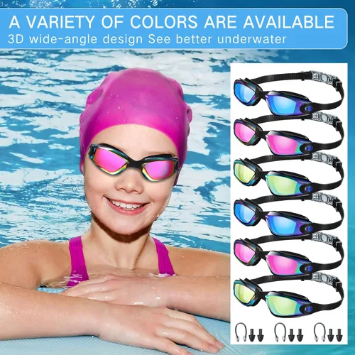 Vista 6 de Flutesan Paquete de 6 gafas de natación para adultos, antiniebla, con tapones para los oídos, clip para la nariz, sin fugas, protección completa