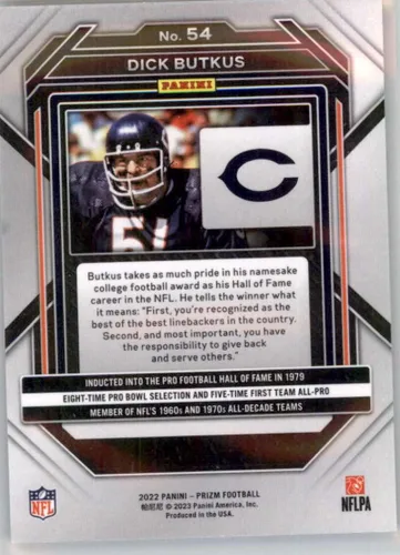 Vista 2 de 2022 Panini Prizm Football #54 Dick Butkus Chicago Bears Official NFL Trading Card (Stock Photo shown, card is in Near Mint to Mint Condition)