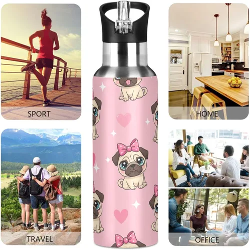 Vista 5 de BPA-Free Sport Water Bottle Insulated 20 Oz, Stainless Steel Water Bottle for Gym Outdoor Travel School, Cute Cartoon Pugs Eyes