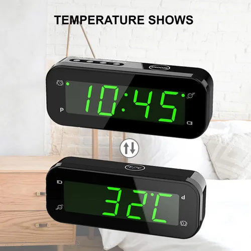 Vista 4 de Reloj despertador digital pequeño con pantalla de temperatura, funciona con pilas, brillo ajustable, repetición, 12/24 horas, inalámbrico, modo